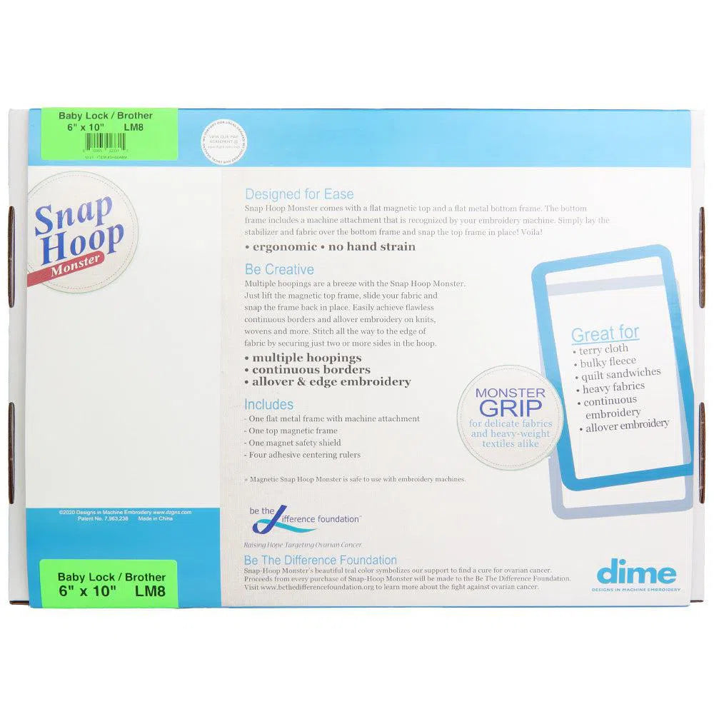 dime Snap Hoop Monster for Brother and Baby Lock Embroidery Machines 6"x10" SH00A8M